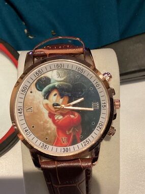 Men's Brown Leather Strap Watch with Red Character Dial